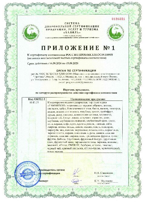 Приложение № 1 к сертификату «Халяль»